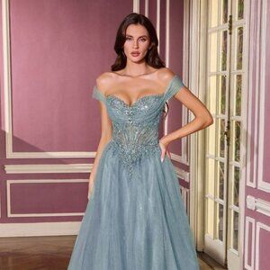 New Smoky Blue Off Shoulder Beads Embellished Tulle Graduation Dress CD CC493